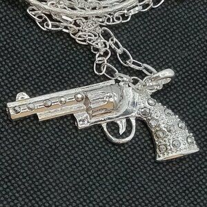 Silver Tone Metal Cowgirl Pistol Gun Necklace with Mini Rhinestone Stud Earrings